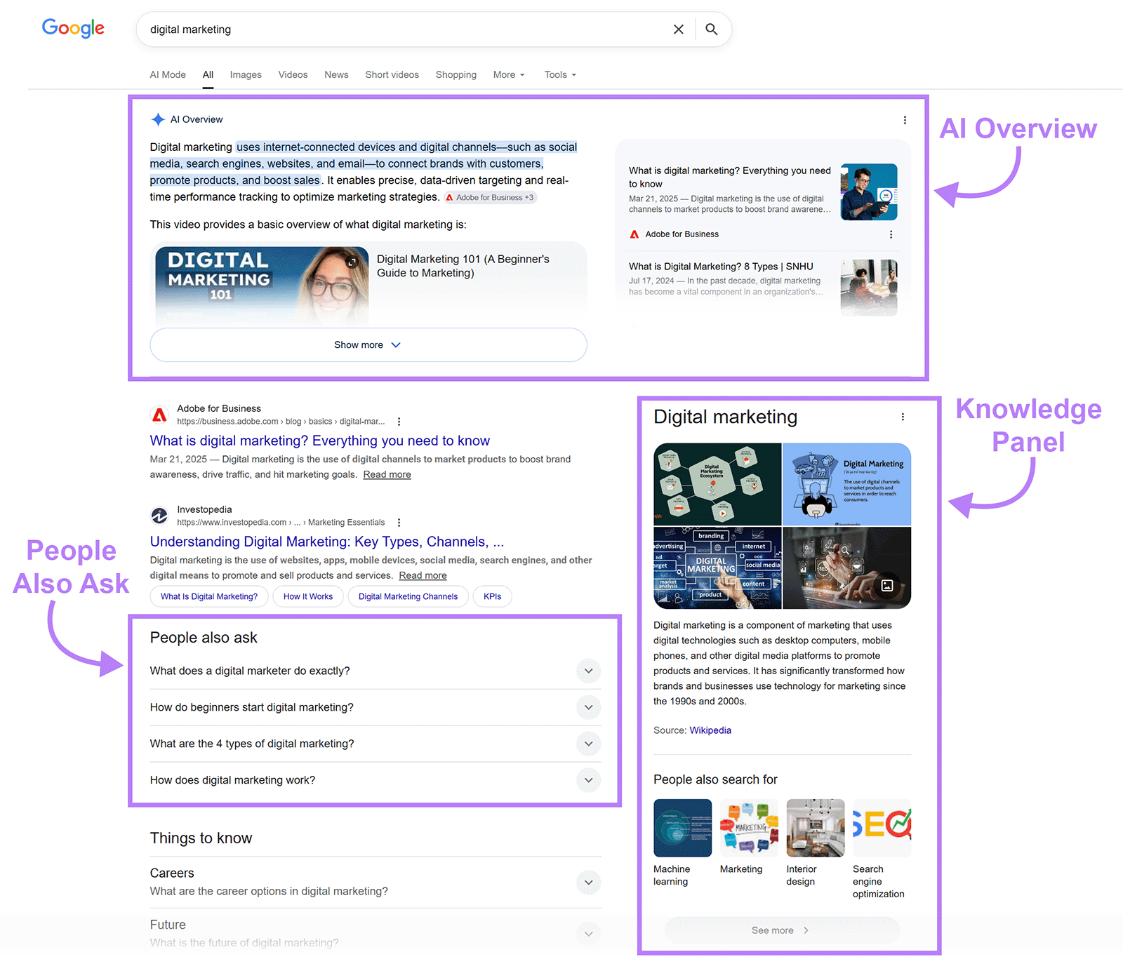 Google search results page showing AI Overview, People Also Ask, and Knowledge Panel features