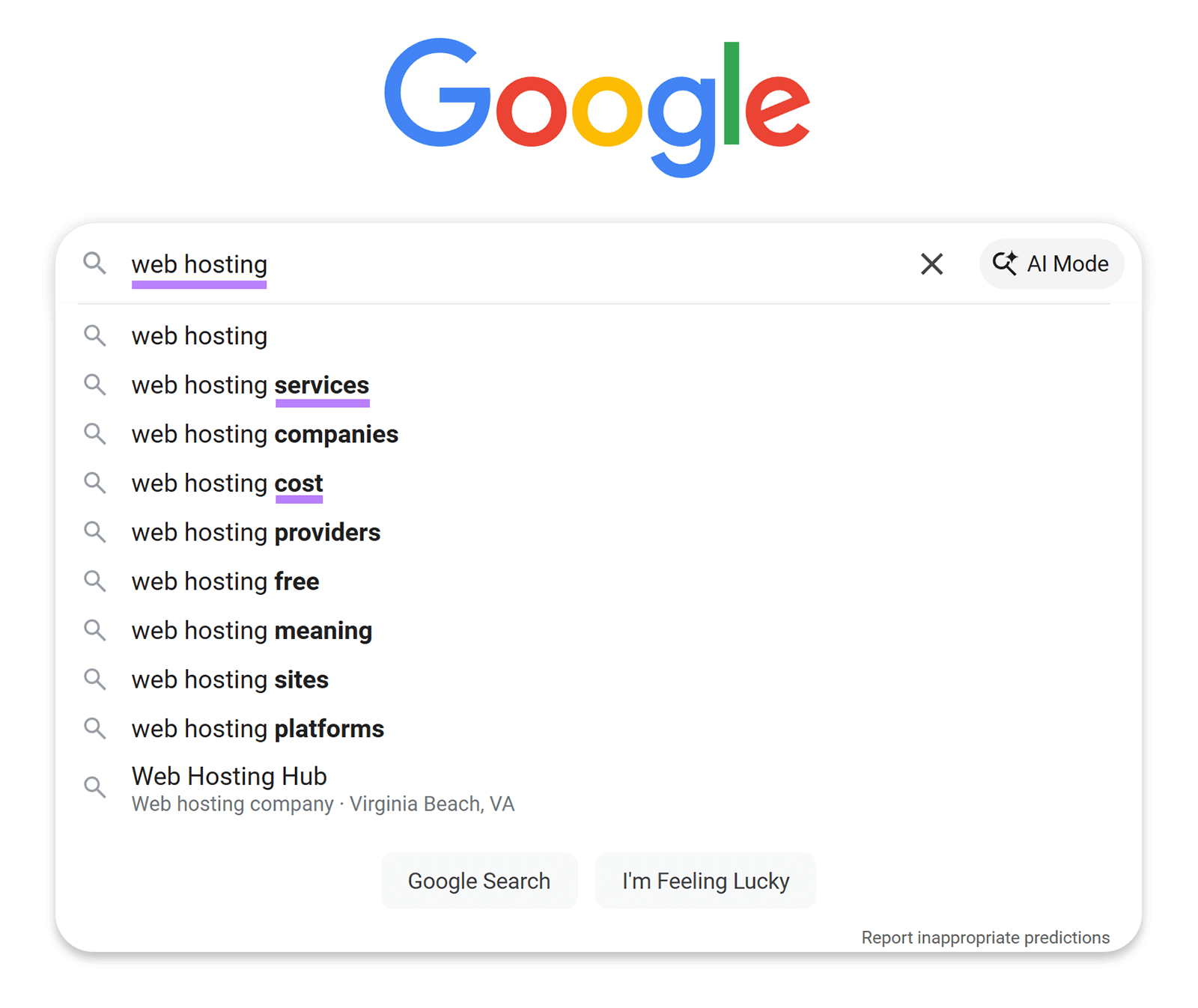 Google autocomplete suggestions for the search query “web hosting”