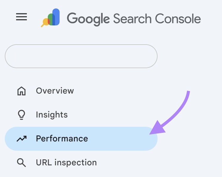 Google Search Console with "Performance" selected from the sidebar menu.