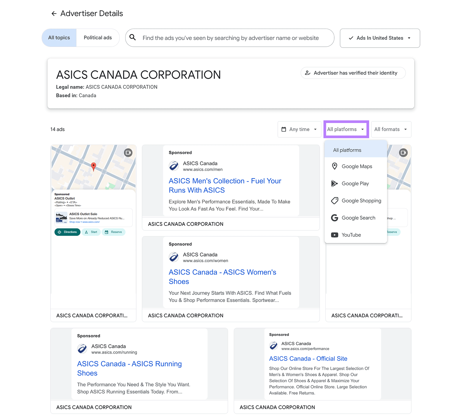 Google Ads Transparency Center advertiser profile with ASICS ads filtered by platform across Google properties