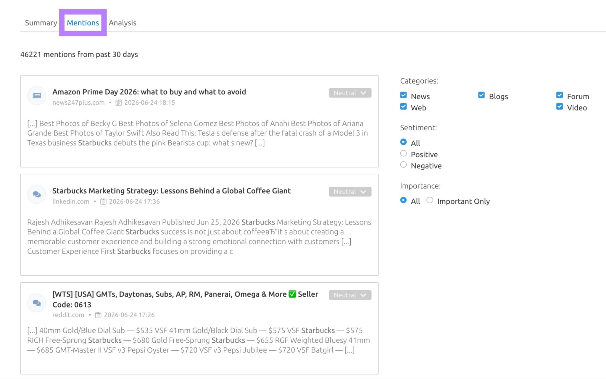 The "Mentions" tab on Media Monitoring showing a list of recent mentions for a brand along with the sentiment.