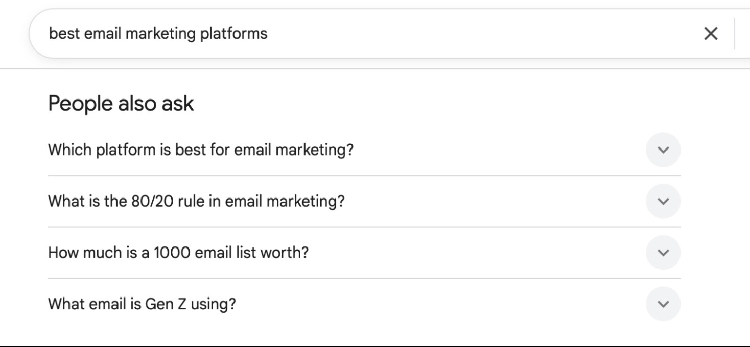 The "People also ask" section on Google SERP for the term "best email marketing platforms".