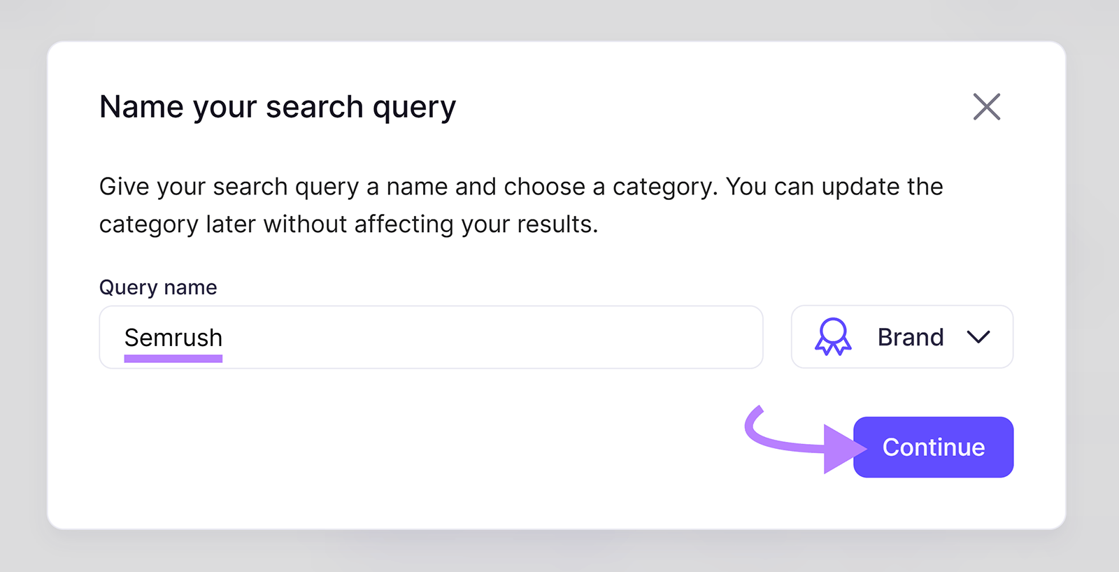 Semrush dialog for naming a brand monitoring query and selecting a category