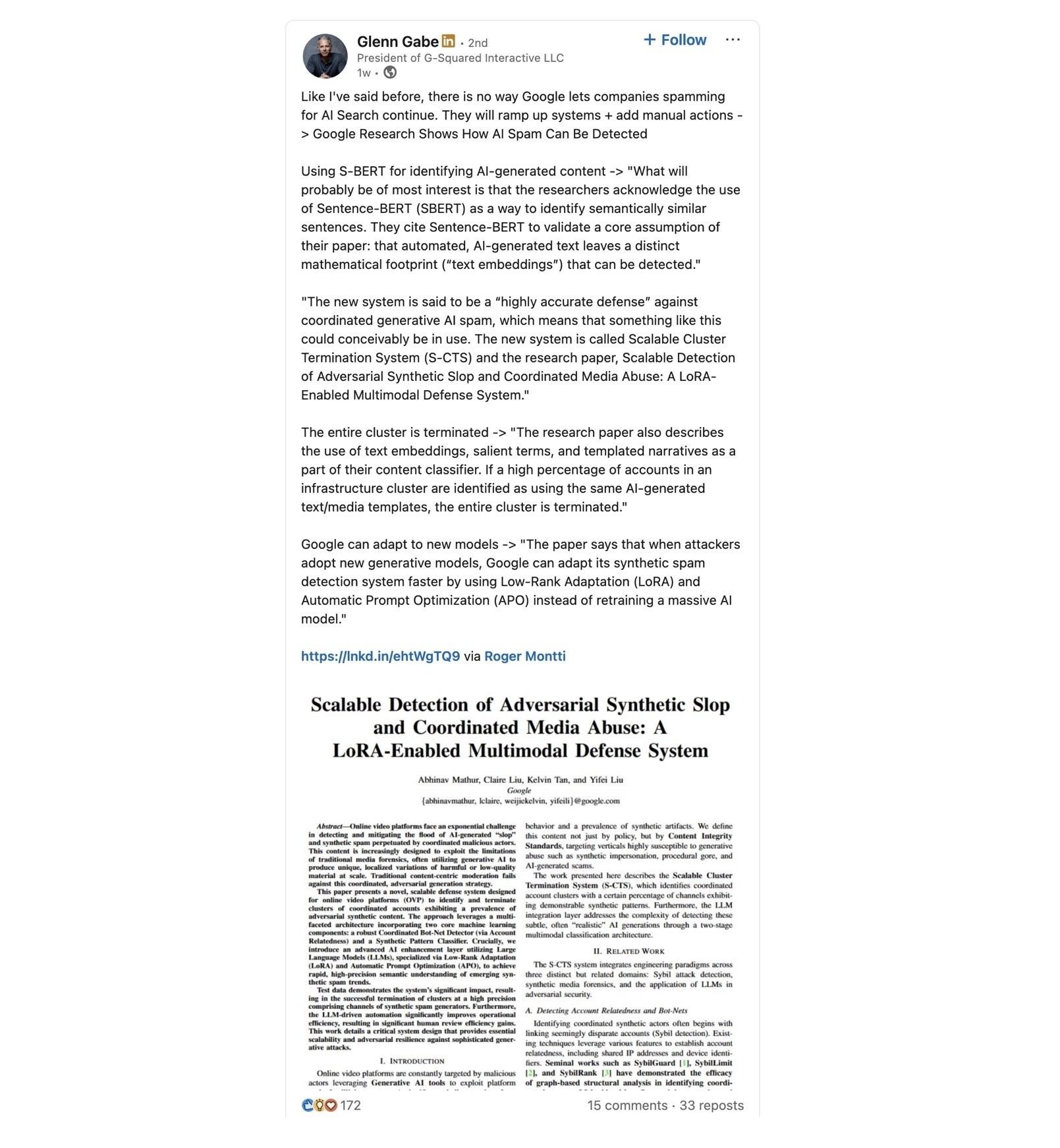 A LinkedIn post by Glenn Gabe talking about Google's new research on AI spam detection.