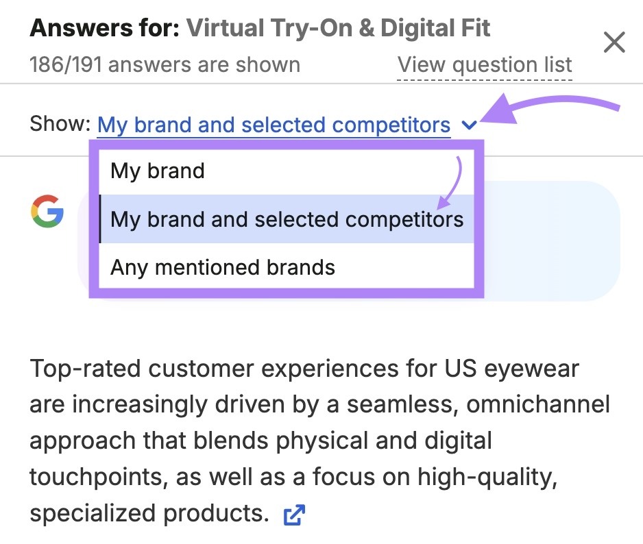 A prompt and response on Key Business Drivers by Frequency with the filter set to show “My brand and selected competitors.”