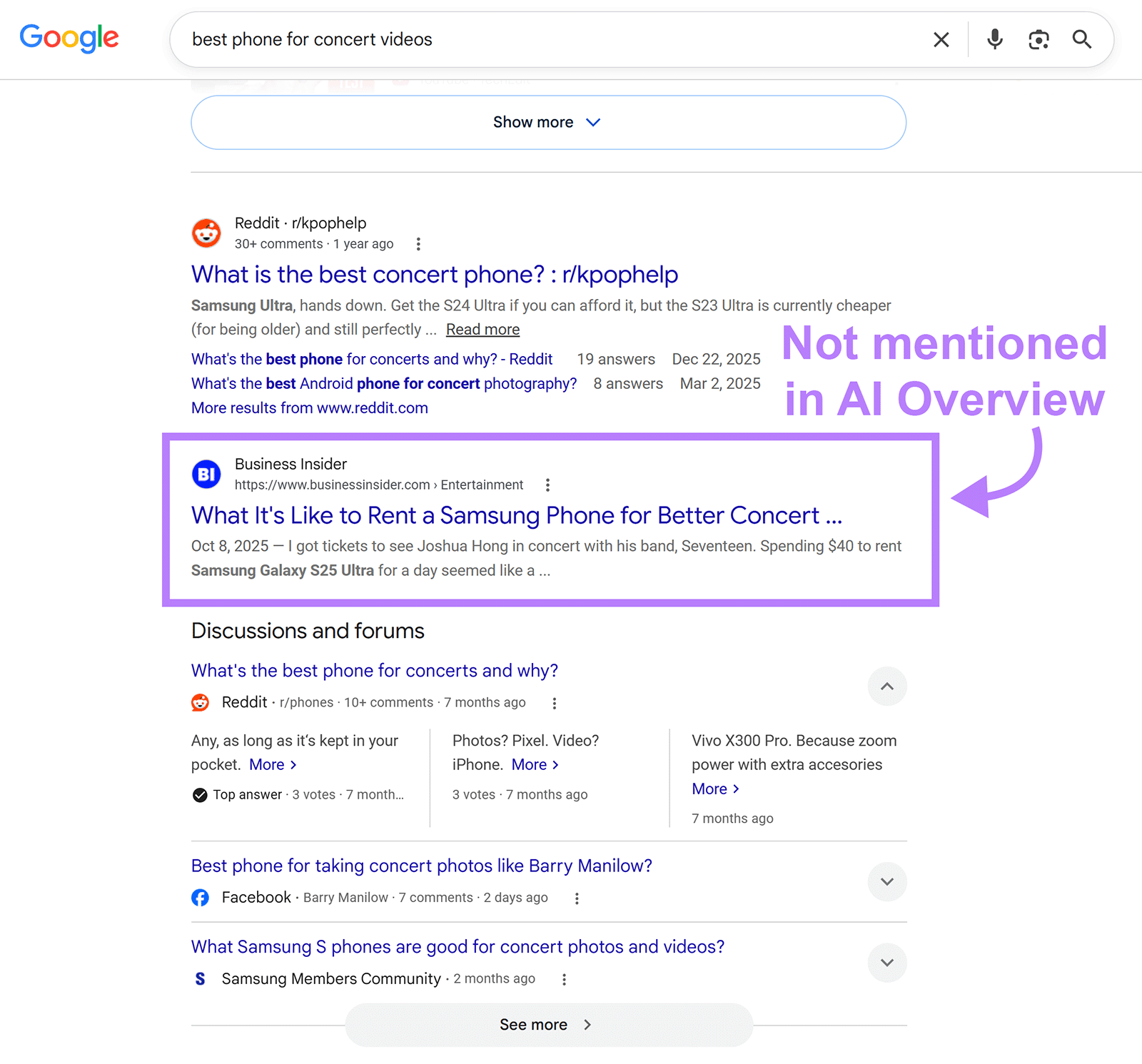 Google results for “best phone for concert videos” with a Business Insider result absent from the AI Overview
