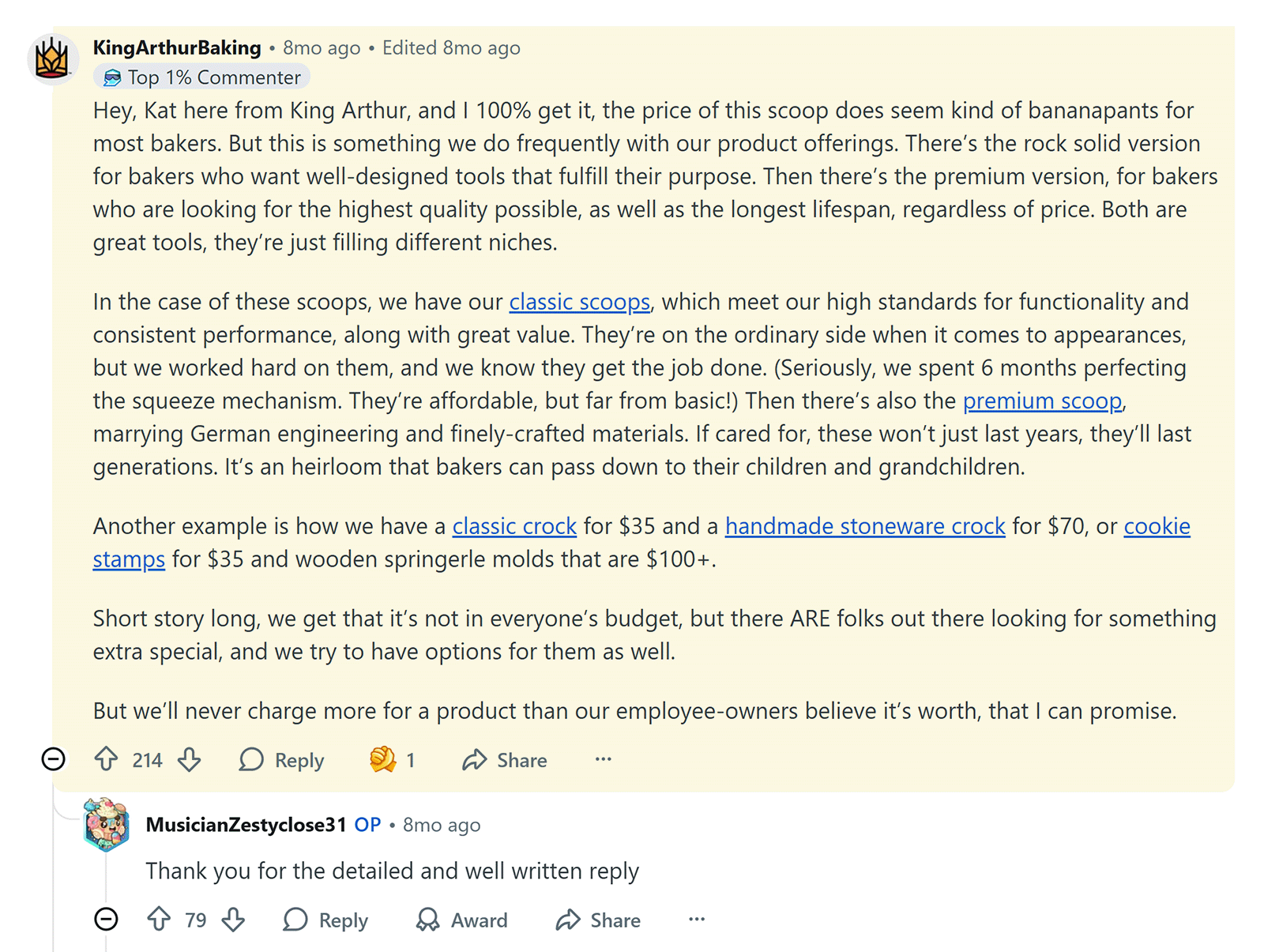 Reddit reply from King Arthur Baking addressing customer concern with detailed response and product links