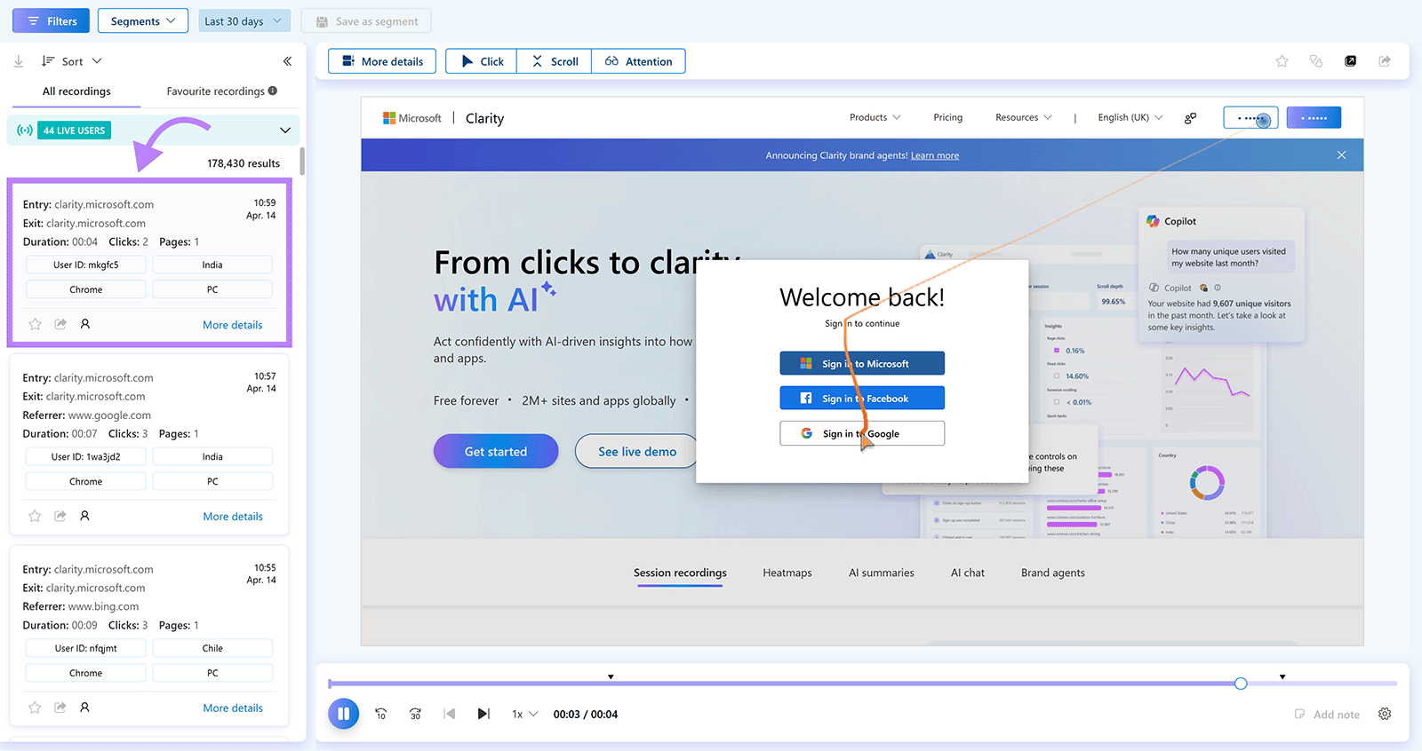 Microsoft Clarity session recording showing user interaction and click path on webpage