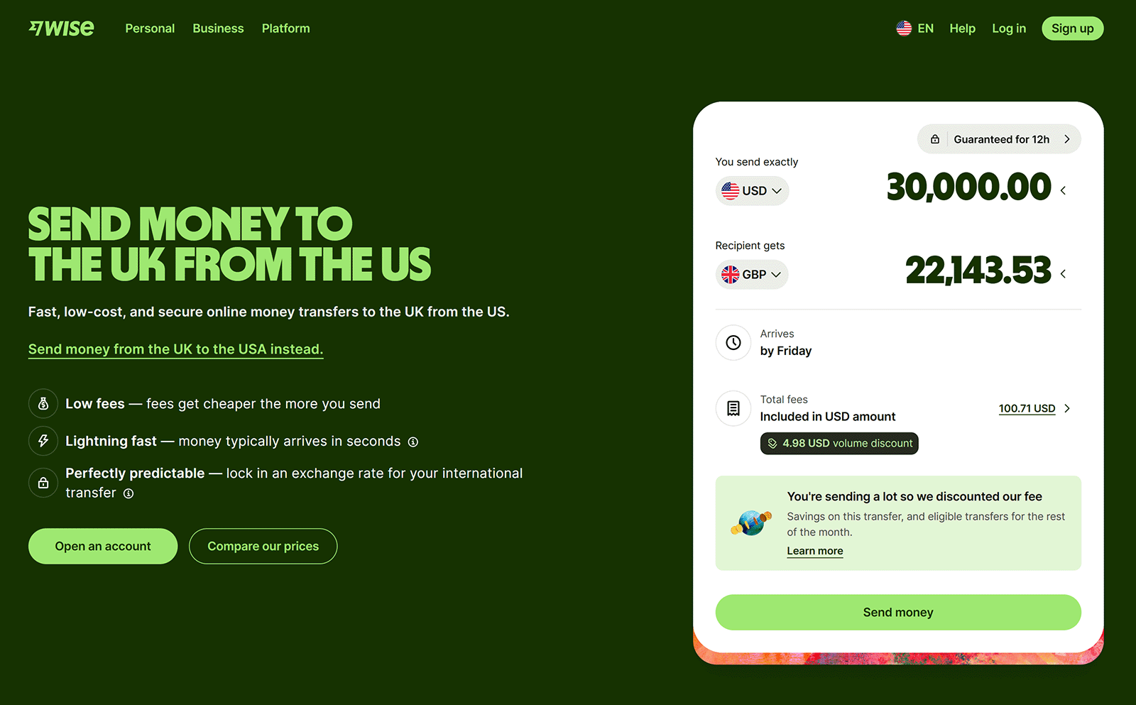 Wise landing page promotes low-cost US-to-UK transfers with live pricing, exchange rates, and fee calculator