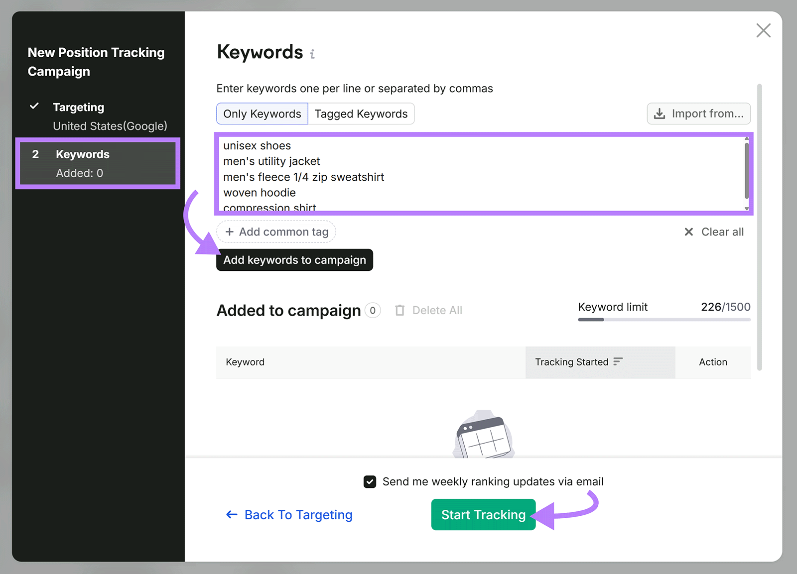 Position Tracking setup screen with keywords entered and the Start Tracking button highlighted