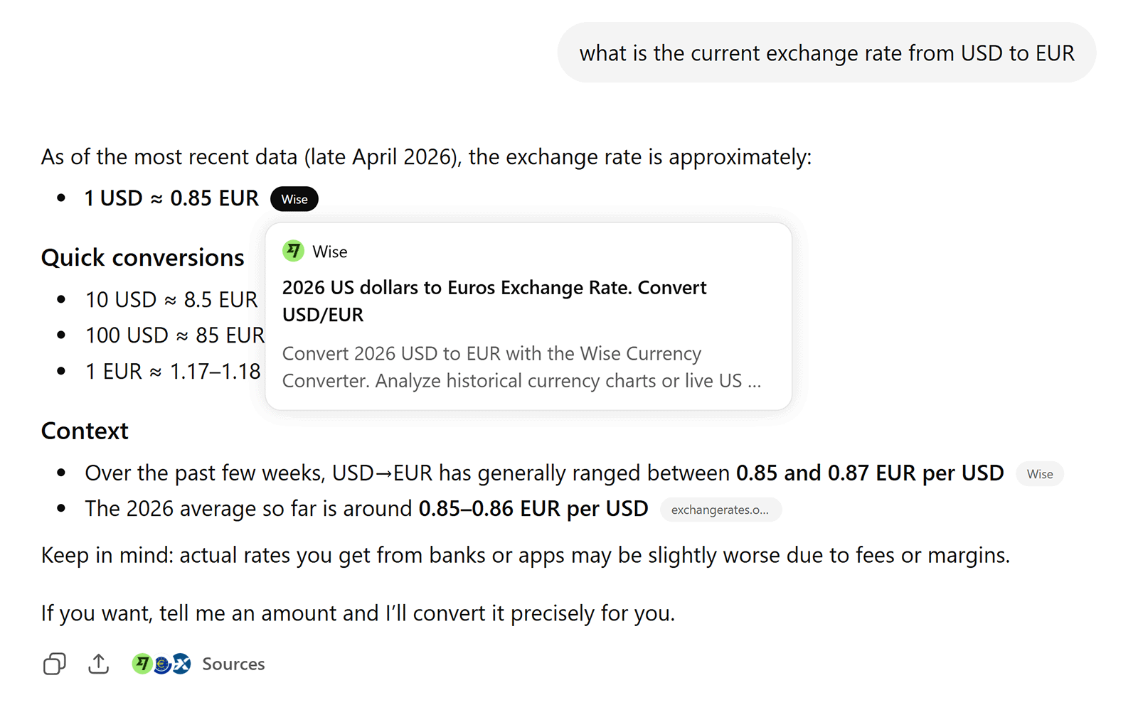 ChatGPT exchange rate answer cites Wise as the primary source for live USD to EUR conversion data