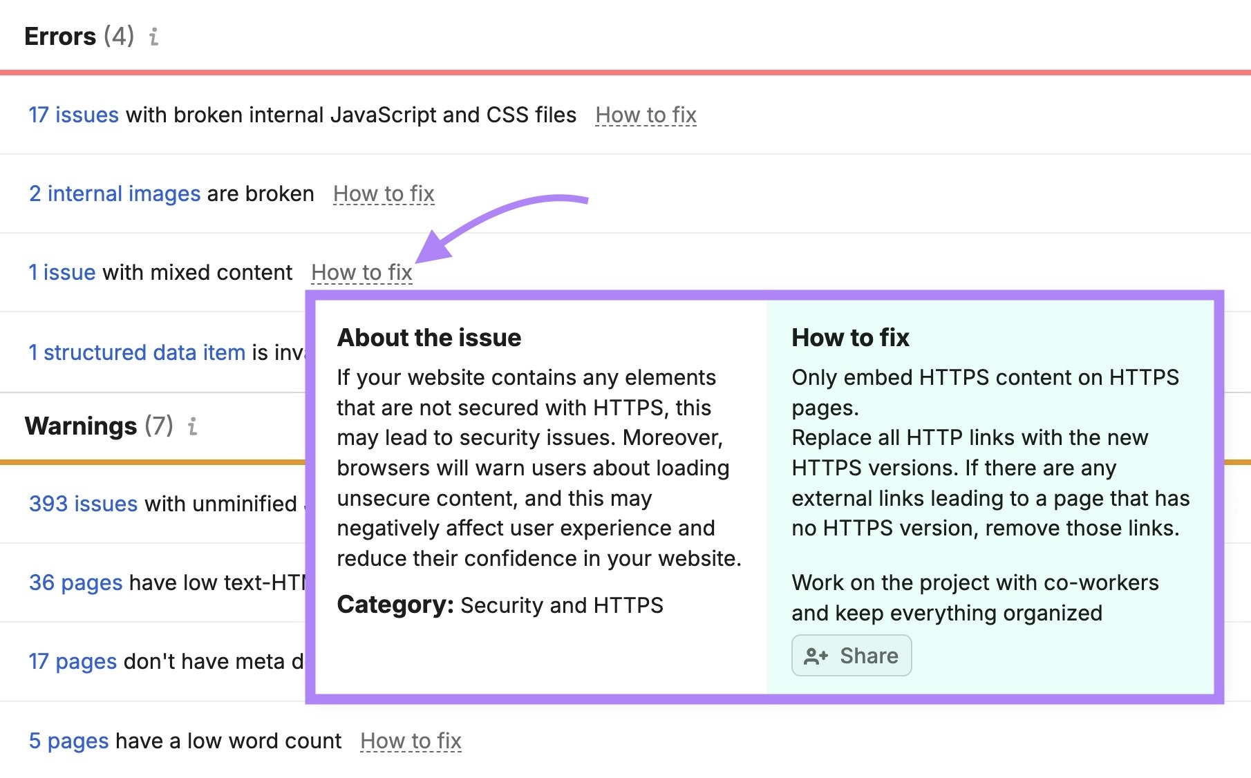The "Issues" tab on Site Audit with "How to fix" next to an issue clicked showing more information on how to address it.