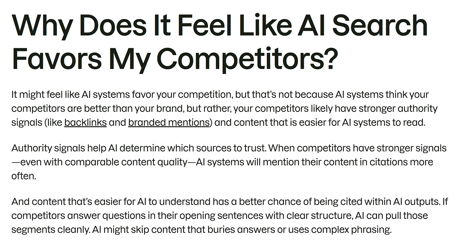 H2 section explaining why AI search may favor competitors with stronger authority signals and AI-friendly content