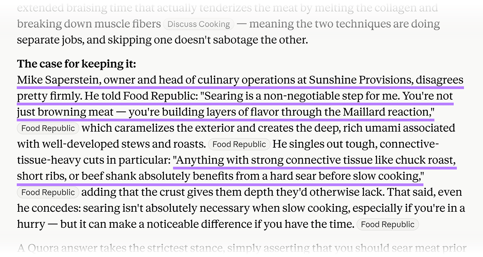 Claude response quoting a culinary expert on why searing meat before slow cooking improves flavour