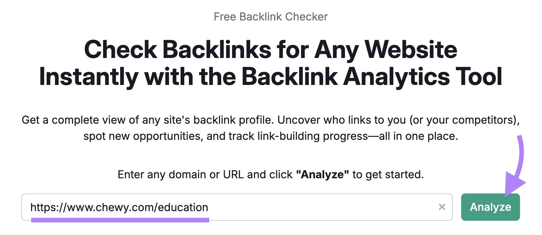 Backlink Checker tool start with the blog subfolder URL of a domain entered and "Analyze" clicked.
