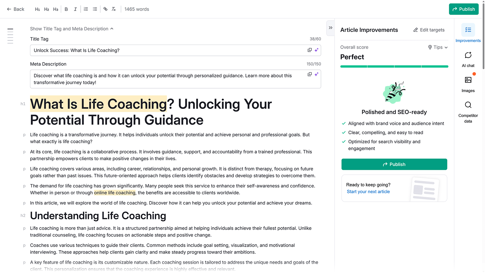 Revising an article in Semrush's Content Optimizer tool.