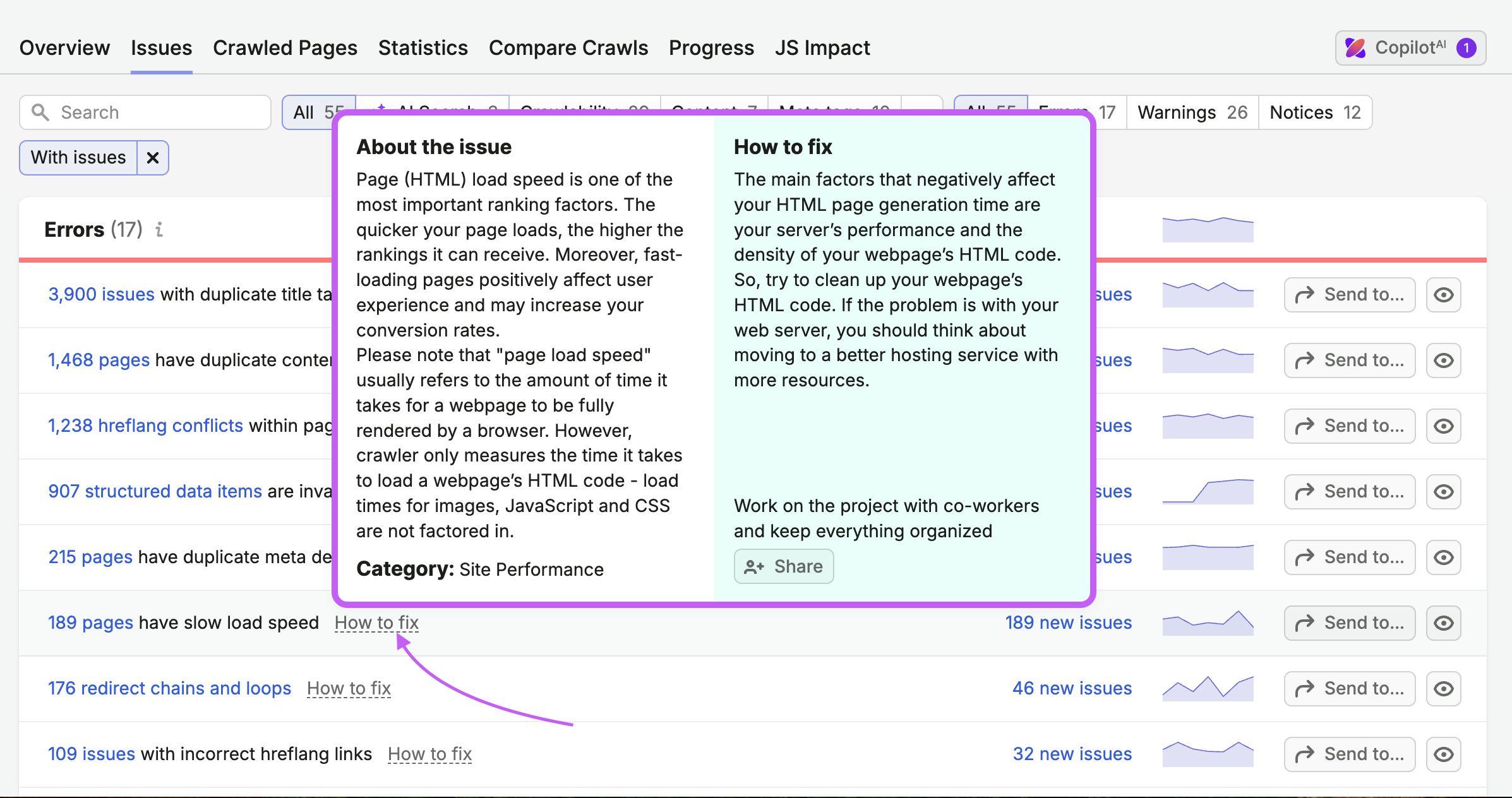 An example of Issues report in Site Audit, demonstrating the list of found Errors. An arrow is pointing at the text "How to fix", suggesting to use it to open a tooltip.